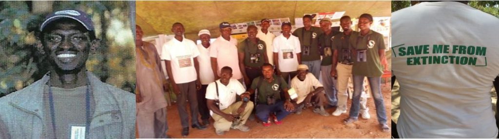 Three pictures showing the author Lamin Jobaate, the European Turtle Dove working group at the Gambia Bird Festival and one of the created t-shirts